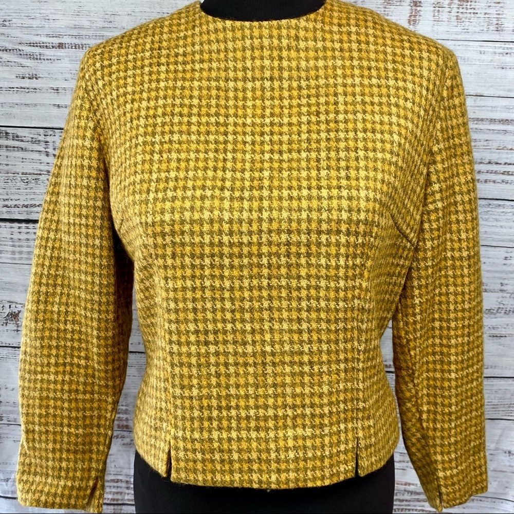 VINTAGE 60's Handmade Golden Yellow Houndstooth Metallic Wool Blouse